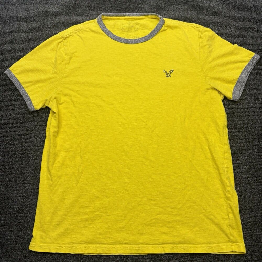 American Eagle AE Legend Mens L Yellow Ringer T-Shirt Slub Gray Trim Logo Tee